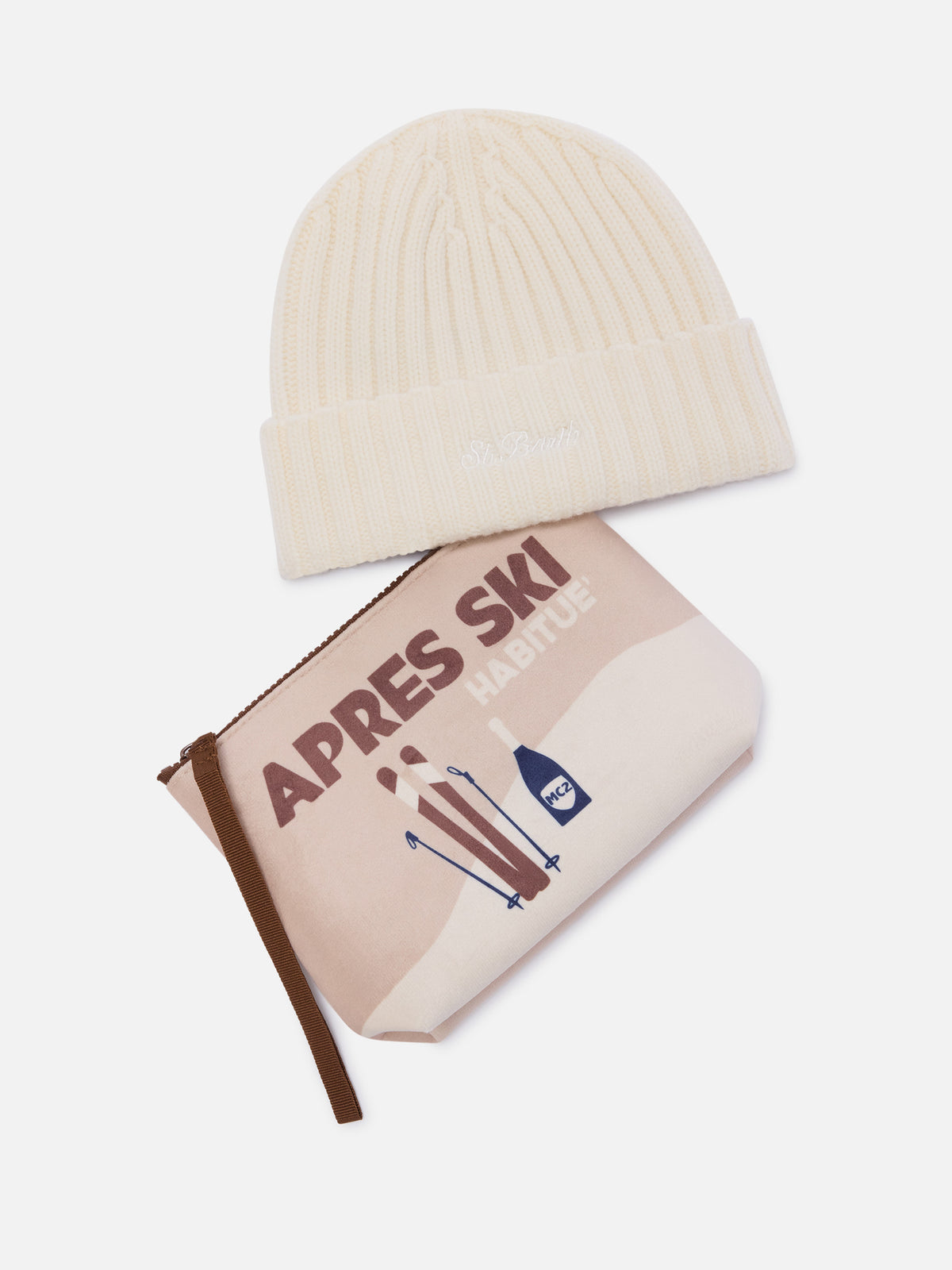 Conjunto de Pochette con estampado Après Ski y gorro beanie beige 