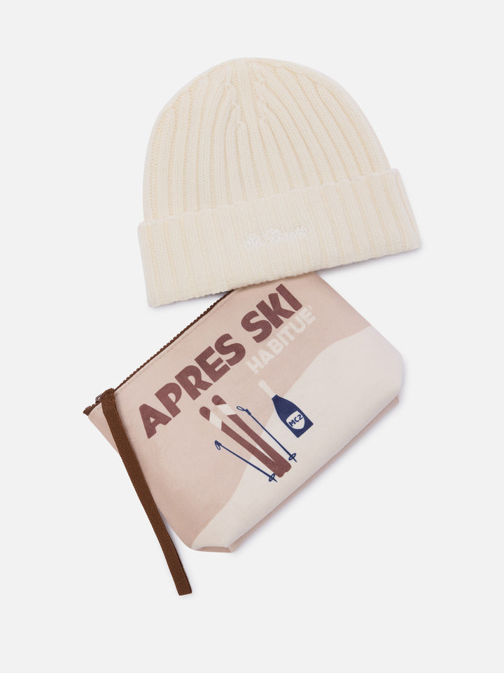 Set aus Pochette mit Après Ski-Print und beiger Mütze 