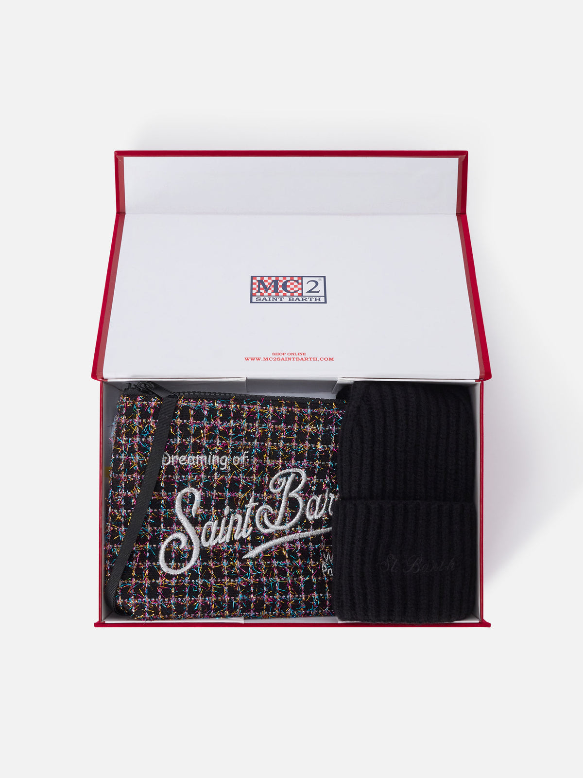 Conjunto de pochette de tweed negro y gorro negro 