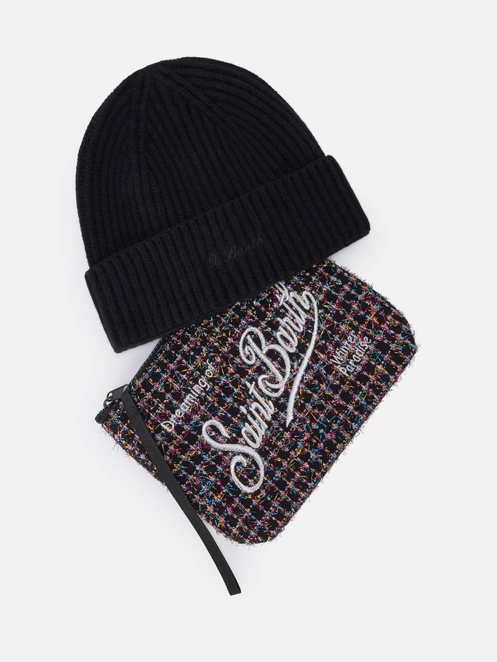 Black tweed pochette and black beanie set
