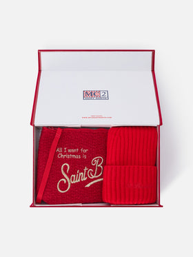 Pochette with Merry Christmas embroidery and red beanie set