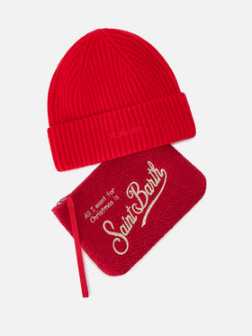 Pochette with Merry Christmas embroidery and red beanie set