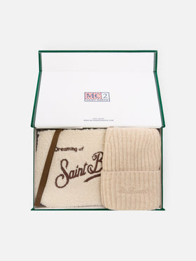 Ensemble teddy beige pochette et bonnet beige 