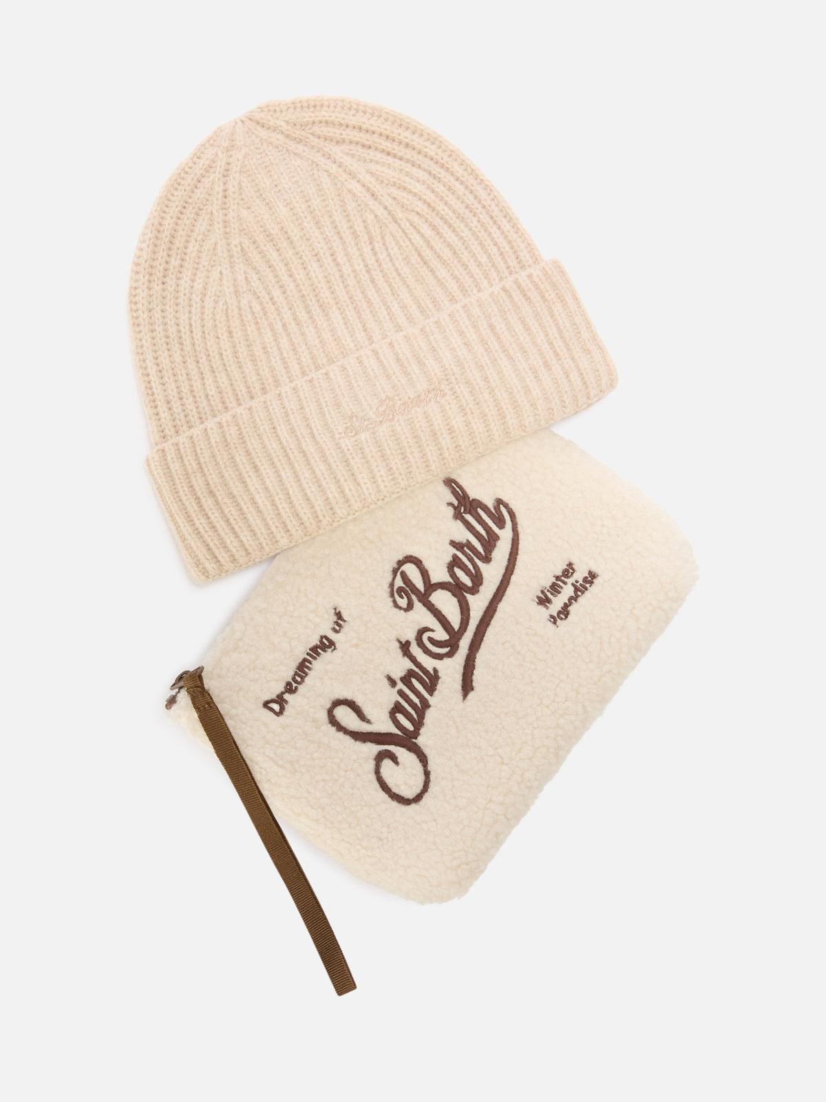Ensemble teddy beige pochette et bonnet beige 