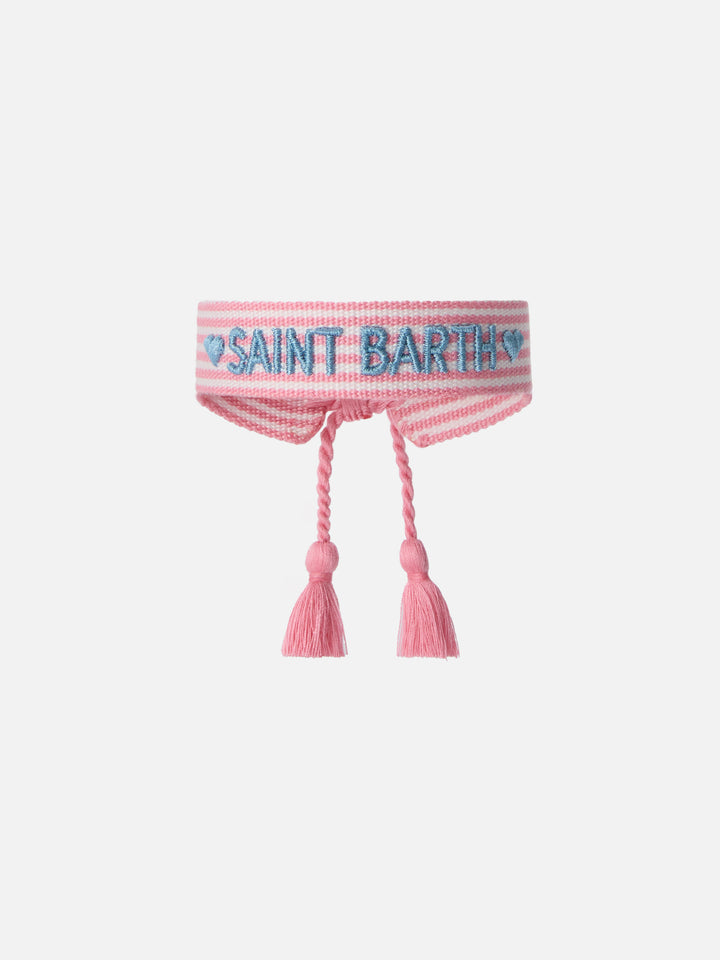 Fabric bracelet with pink stripes and embroidery