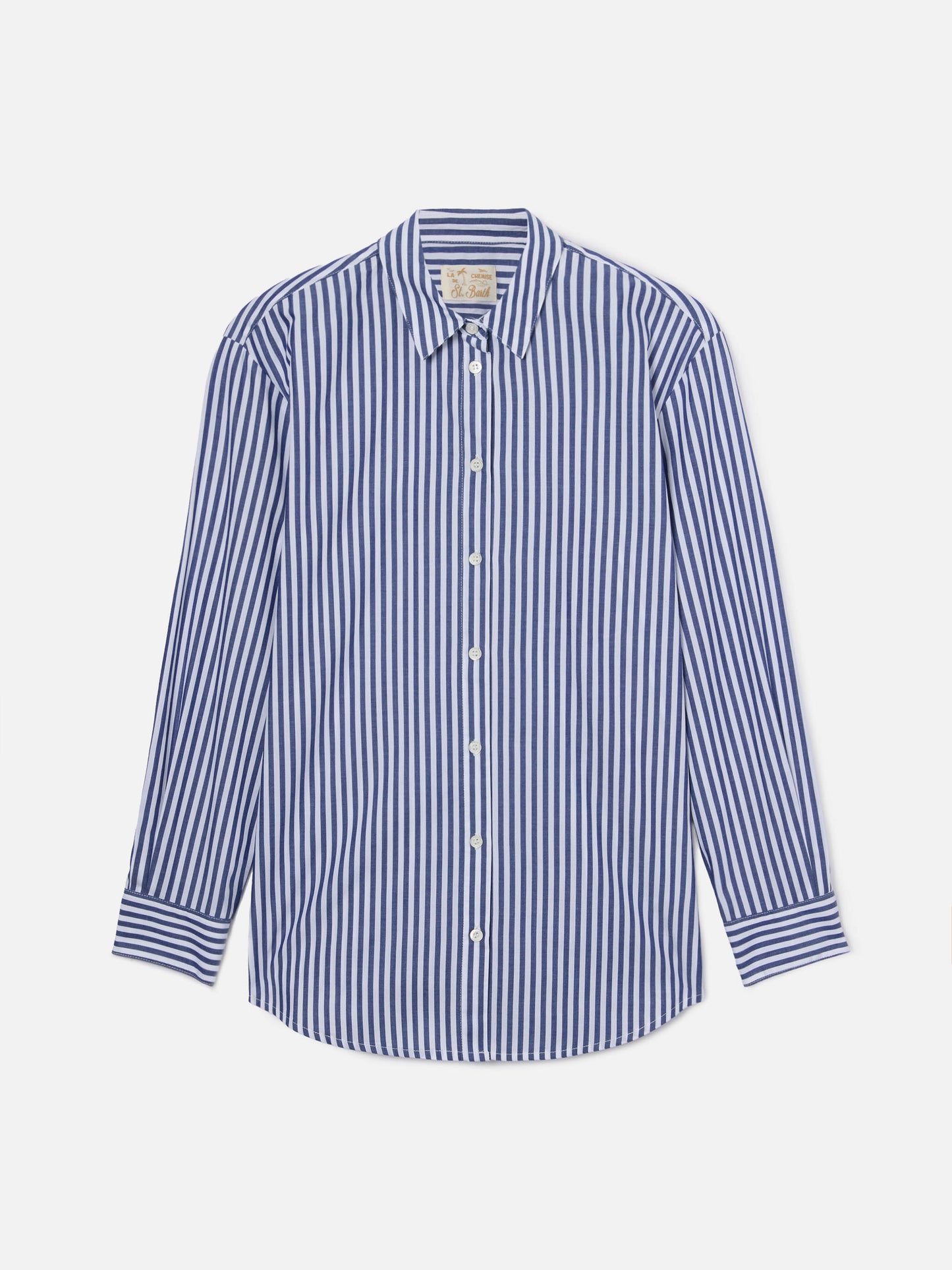Brigitte shirt with blue stripes and See You In Saint Barth embroidery