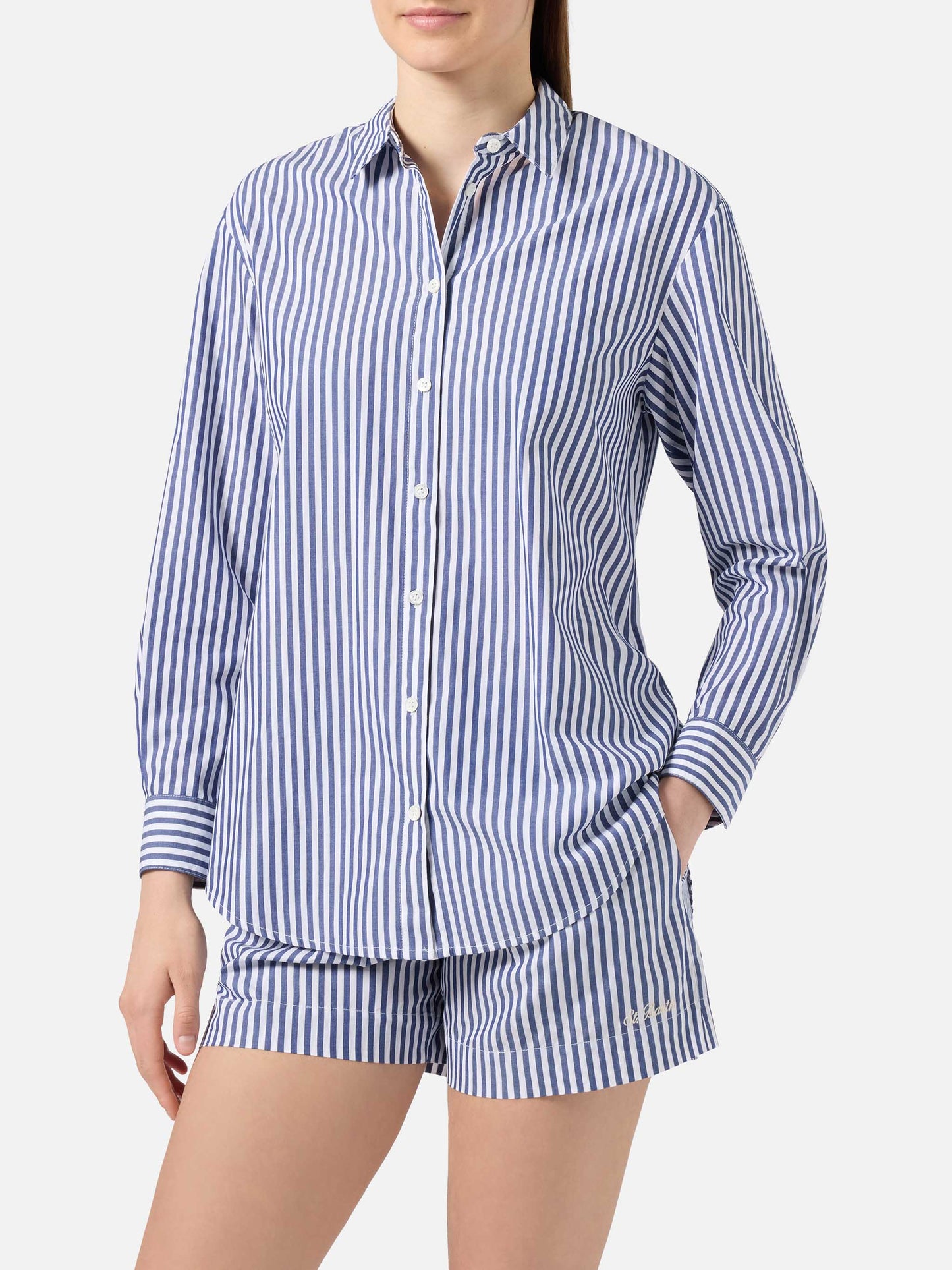 Brigitte shirt with blue stripes and See You In Saint Barth embroidery