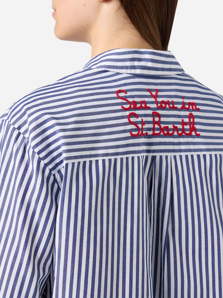 Brigitte shirt with blue stripes and See You In Saint Barth embroidery