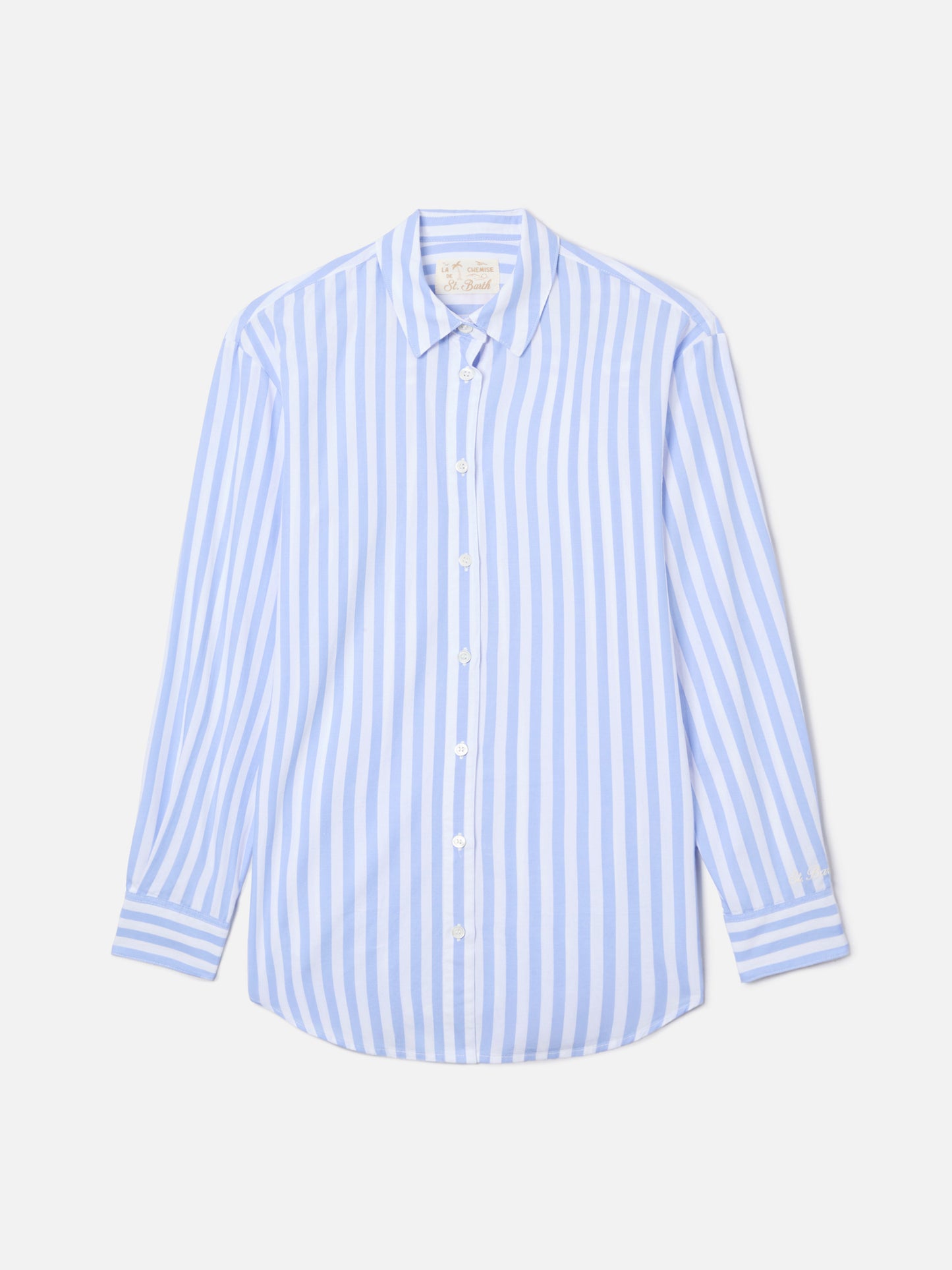 Brigitte cotton shirt with light blue stripes and Bollicine Please! Embroidery