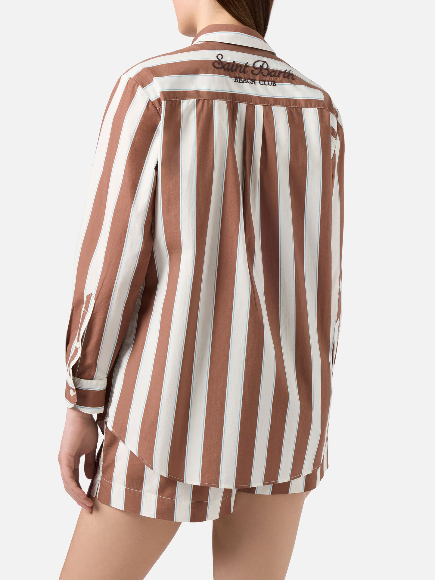 Brigitte cotton shirt with brown stripes and Sport Club embroidery