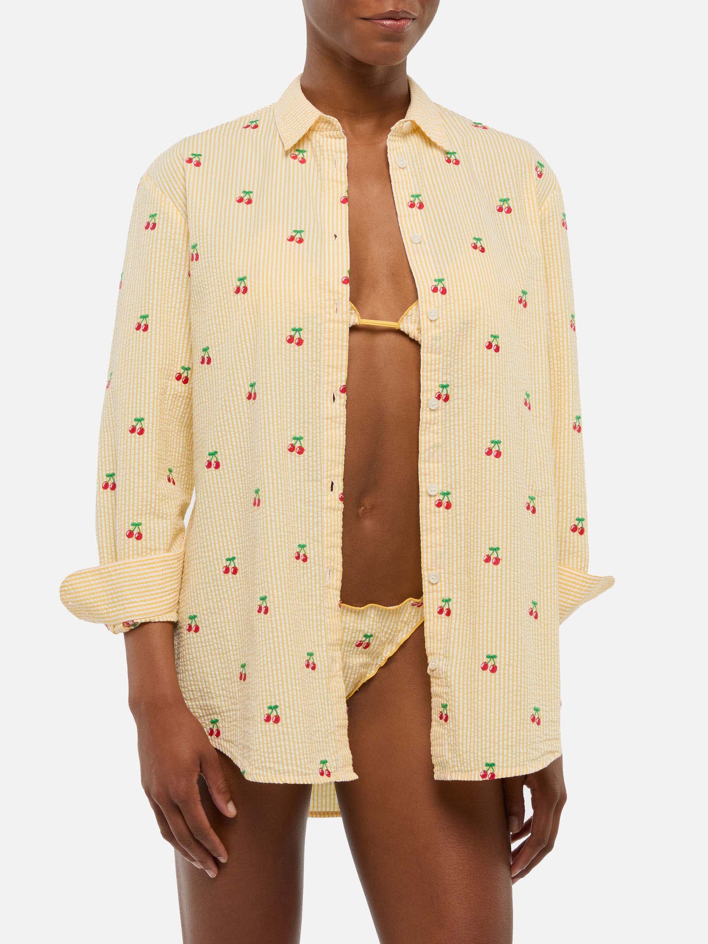 Brigitte striped-print seersucker shirt with Saint Barth embroidery