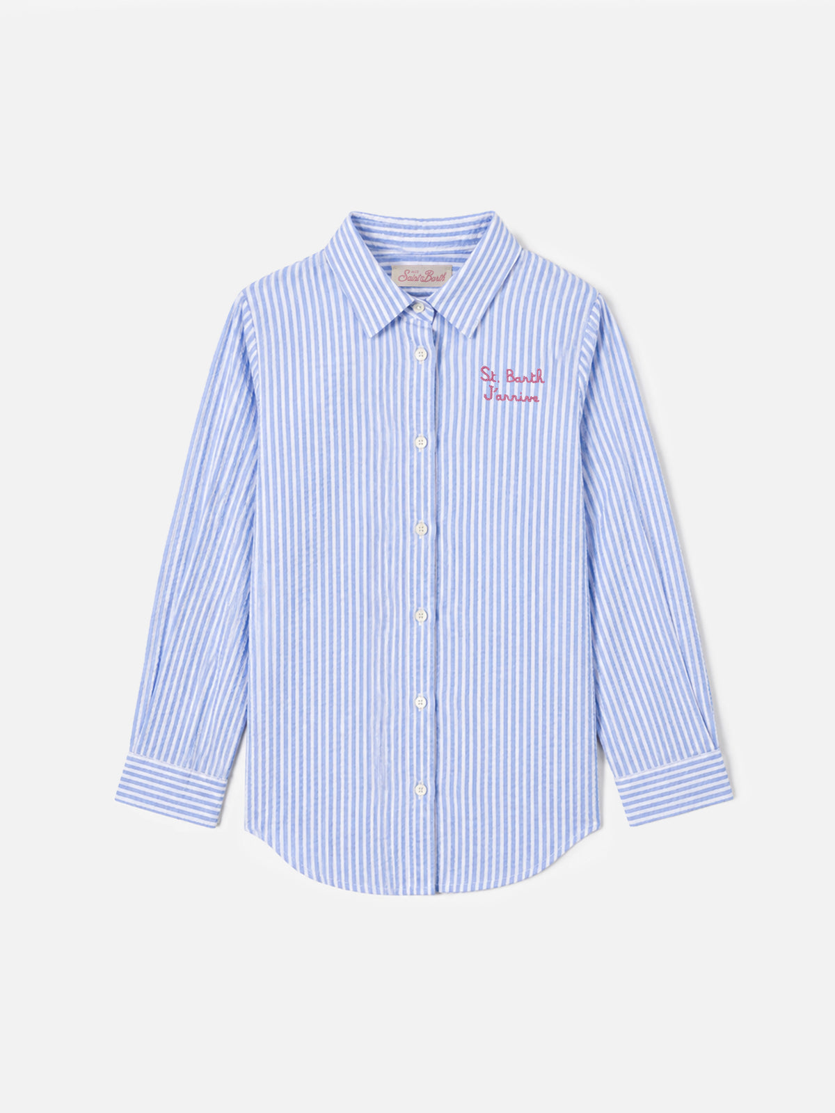 Light blue Mini Brigitte Embry striped seersucker shirt with Snoopy print | Special edition