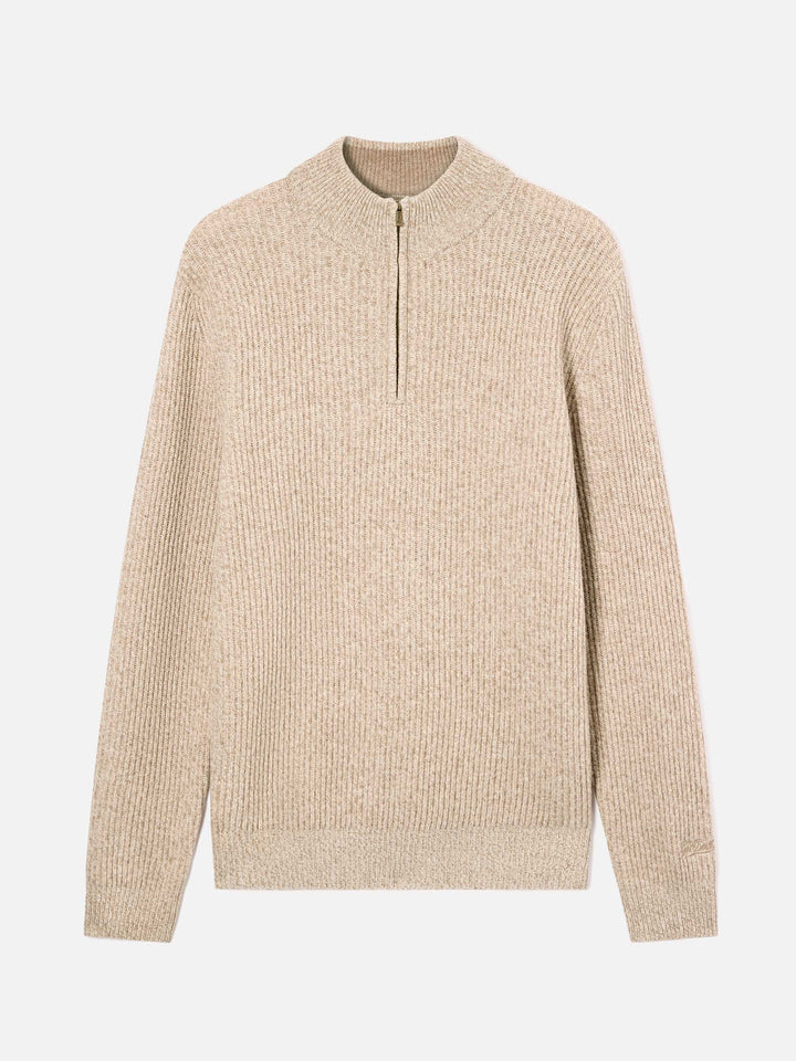 Beige Buck wool half zip knit with mouliné rib
