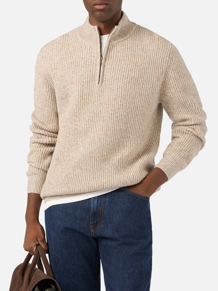 Beige Buck wool half zip knit with mouliné rib