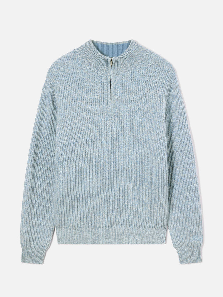 Light blue Buck wool half zip knit with mouliné rib