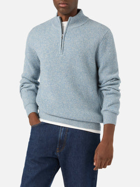 Light blue Buck wool half zip knit with mouliné rib