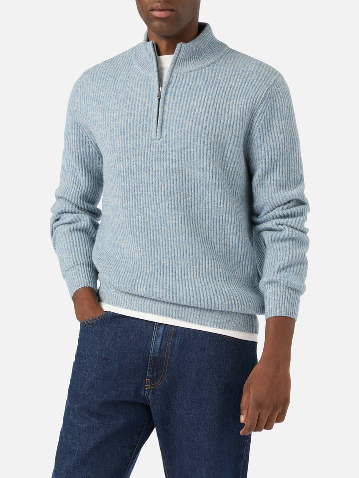 Jersey de punto de media cremallera de lana Buck Light blue con canalé mouliné 