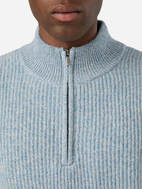 Light blue Buck wool half zip knit with mouliné rib