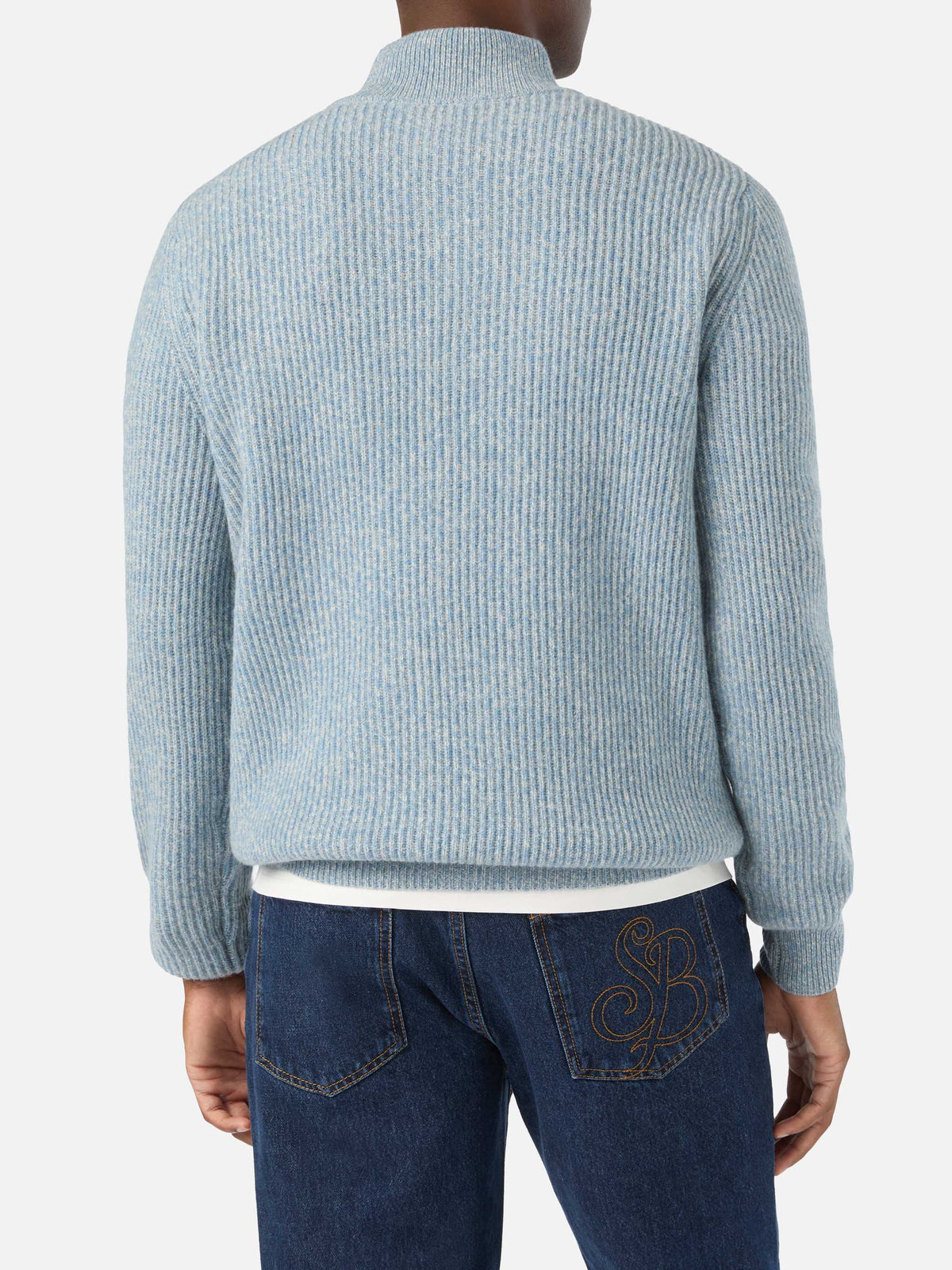 Light blue Buck wool half zip knit with mouliné rib