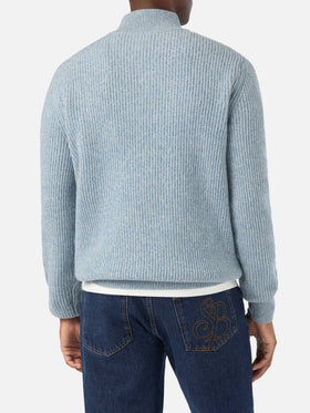 Light blue Buck wool half zip knit with mouliné rib
