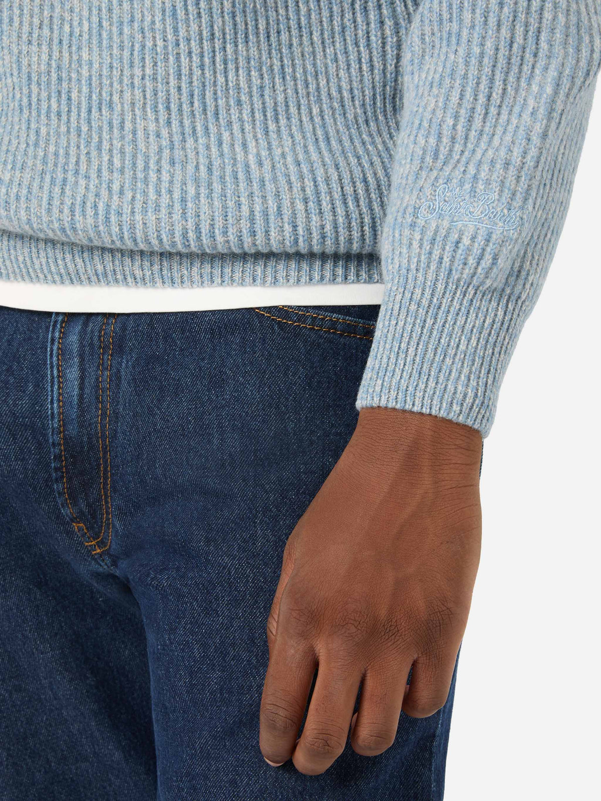 Light blue Buck wool half zip knit with mouliné rib