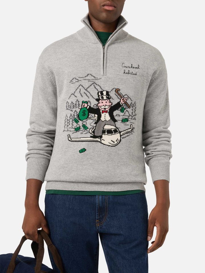 Grey Buck half zip knit with Monopoly intarsia and embroidery | Special edition