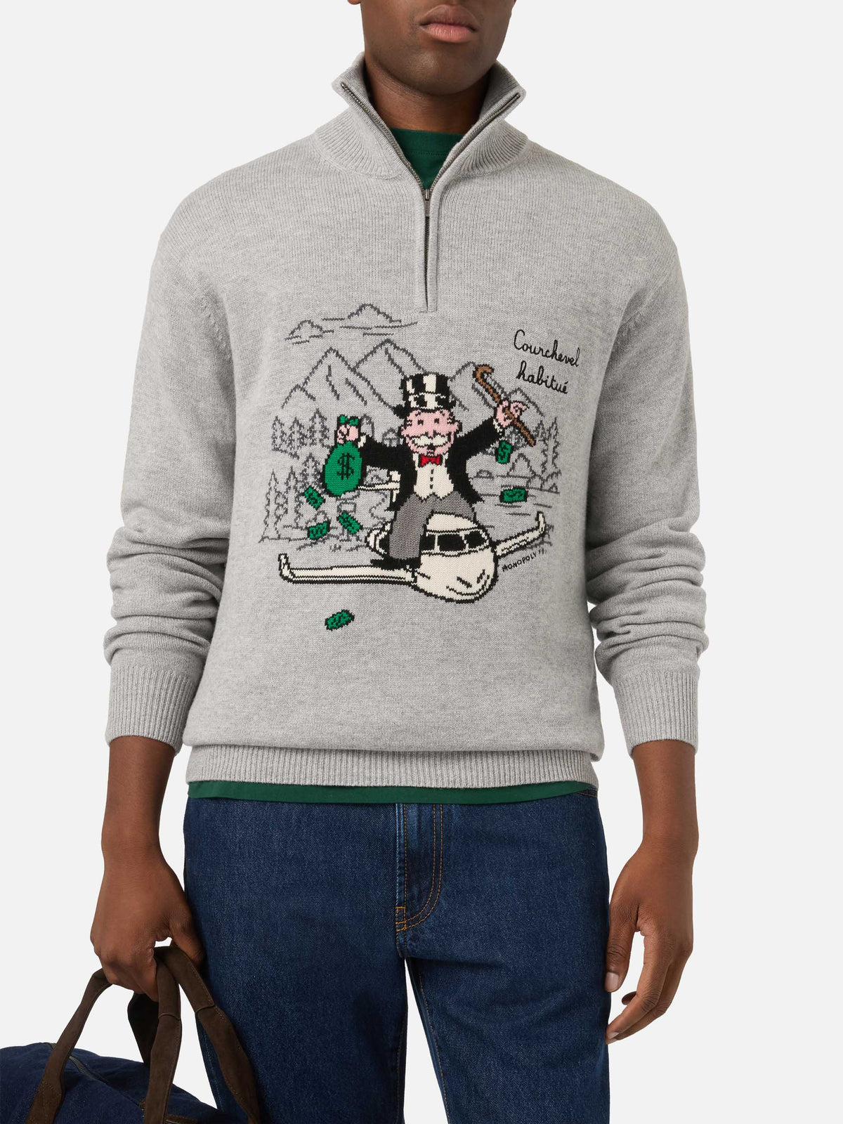 Maglia mezza zip grigia Buck con intarsio e ricamo Monopoly | Special edition