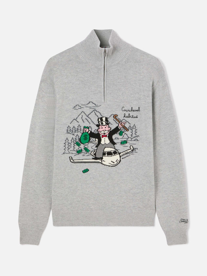 Pull en maille Buck gris à demi-zip avec intarsia et broderie Monopoly | Special edition 
