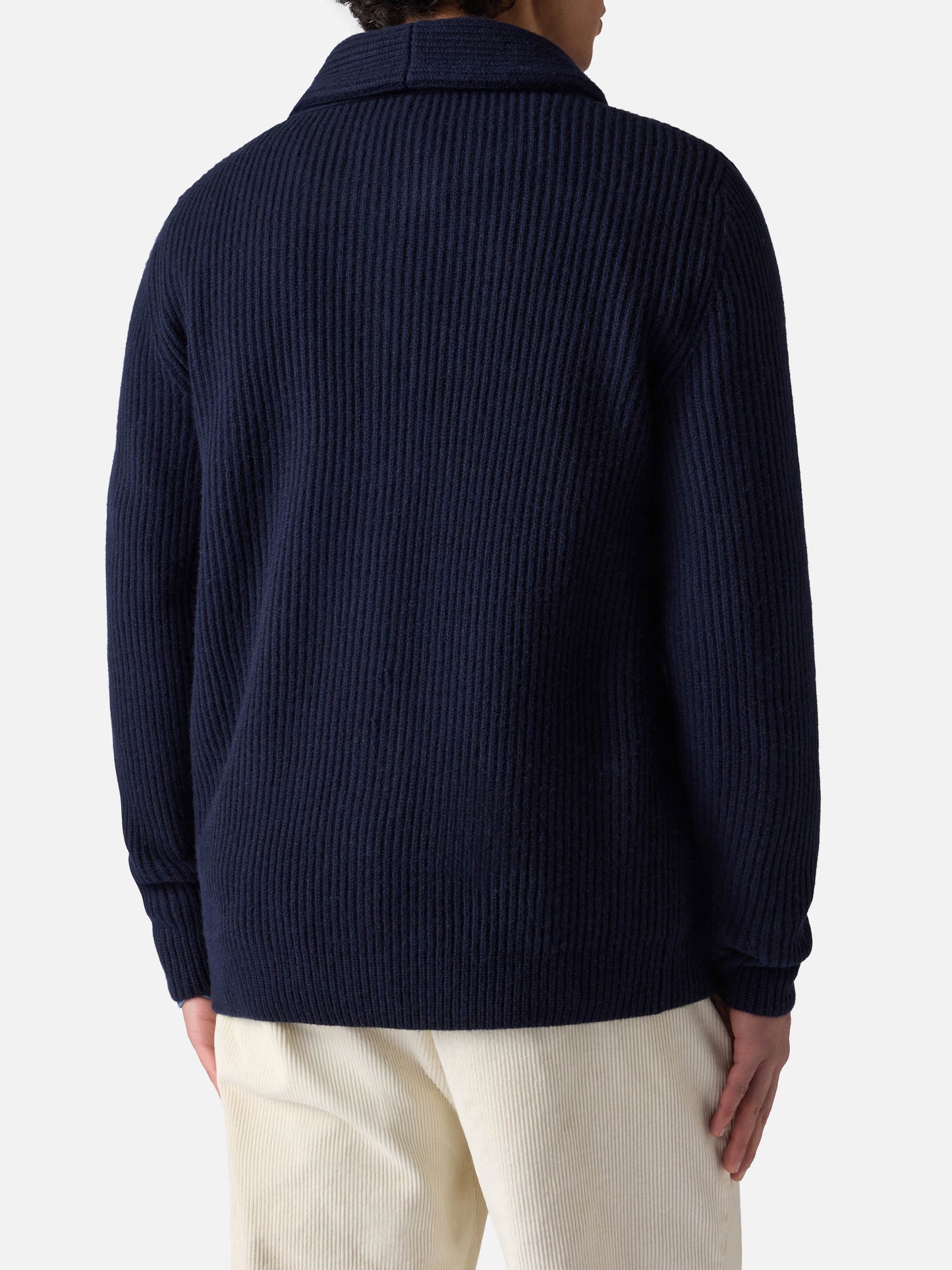 Man shawl collar blue ribbed cardigan with pockets and patch