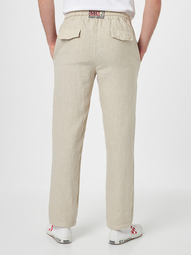 Pantaloni da uomo Calais in lino bianco sporco con coulisse