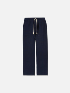 Calais long pants in crinkled pure cotton gauze navy blue