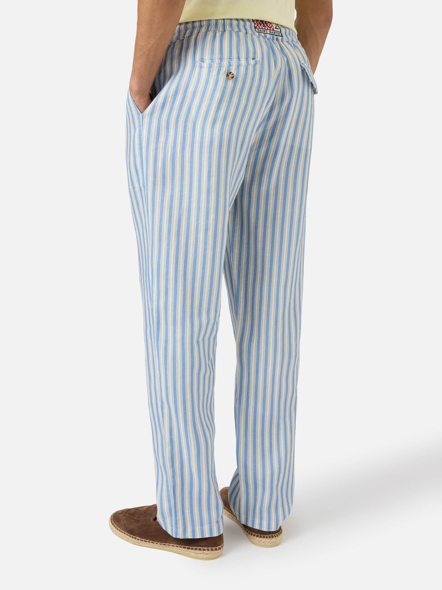 Pantalone Calais lungo in puro lino a righe panna e azzurro