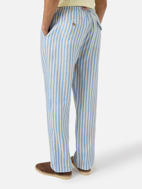 Pantalone Calais lungo in puro lino a righe panna e azzurro