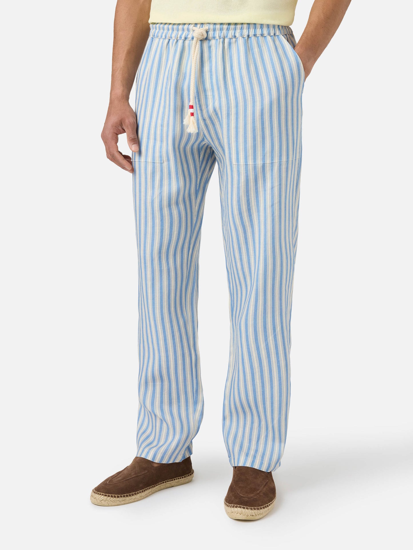 Pantalone Calais lungo in puro lino a righe panna e azzurro