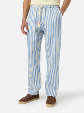 Pantalone Calais lungo in puro lino a righe panna e azzurro