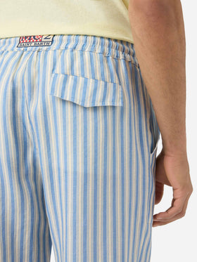 Pantalone Calais lungo in puro lino a righe panna e azzurro