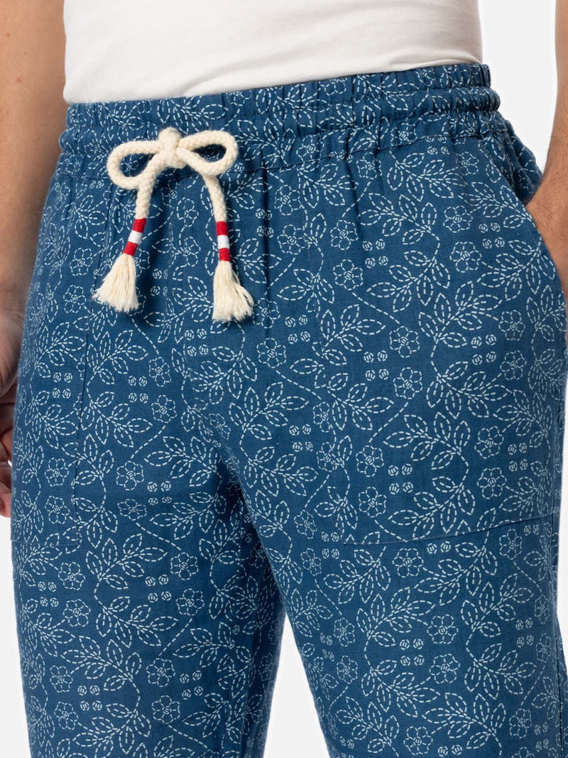 Man printed linen Calais pants with drawstring