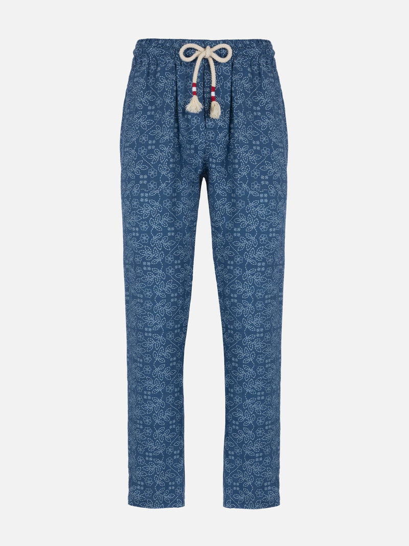 Man printed linen Calais pants with drawstring