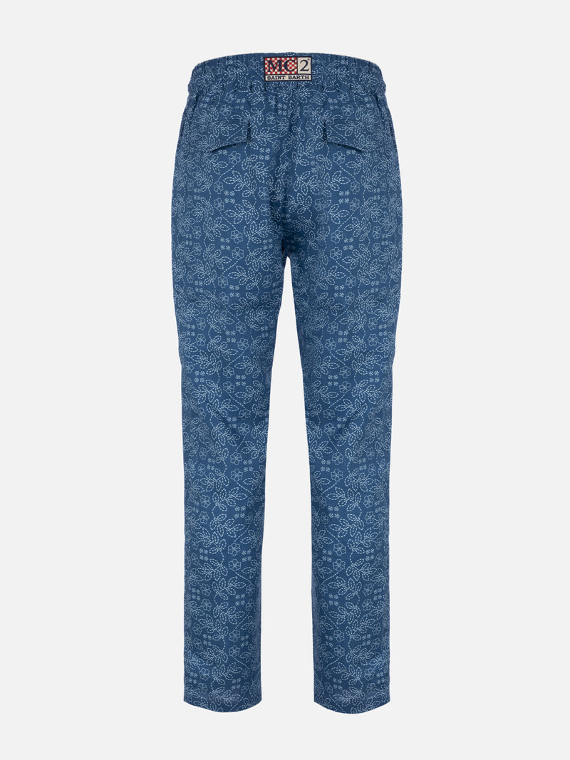 Man printed linen Calais pants with drawstring