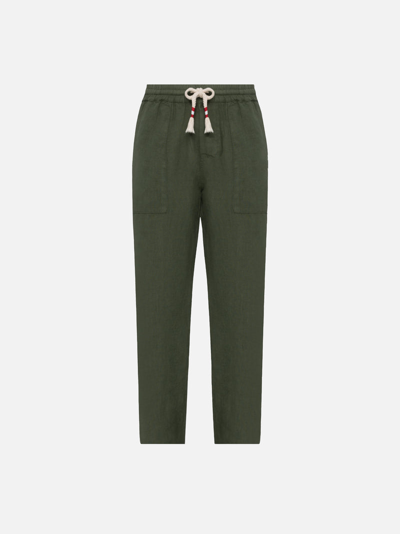 Military green linen pants Calais with drawstring