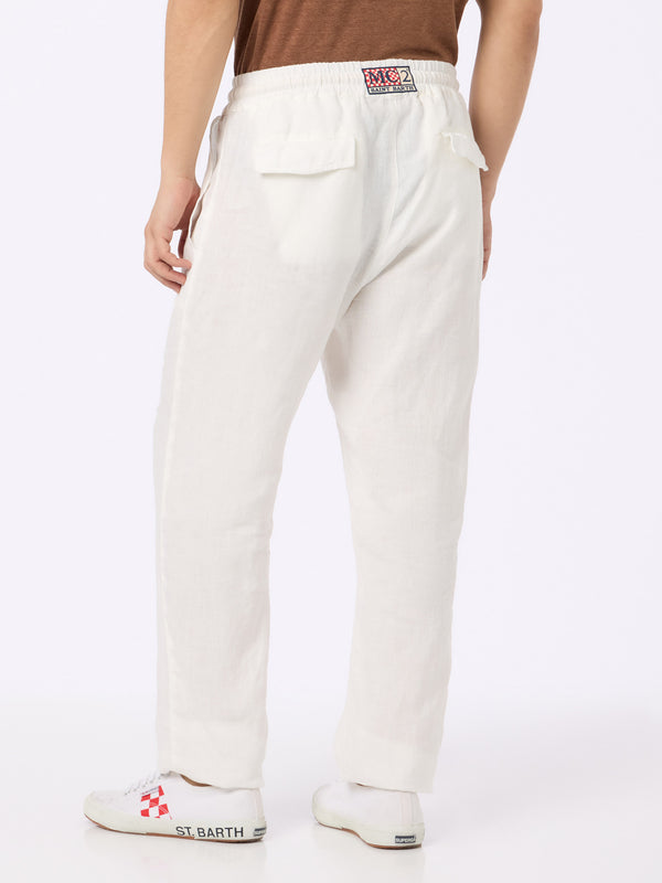 Man white linen Calais pants with drawstring