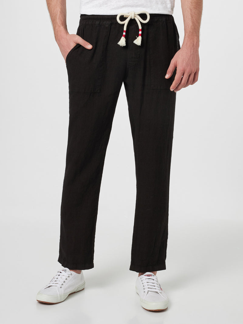 Man black linen Calais pants with drawstring