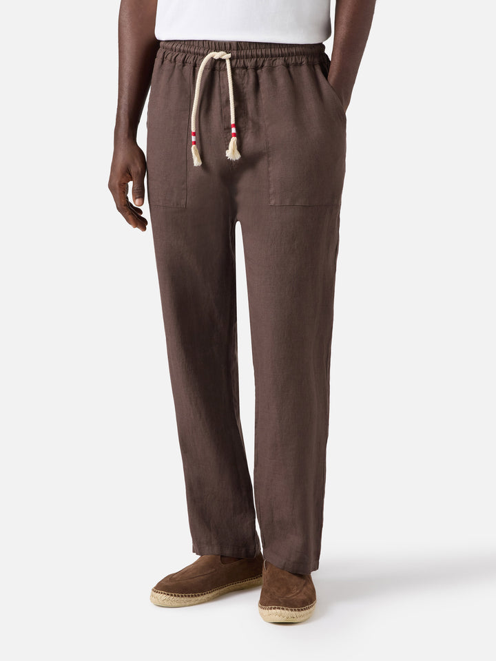 Dark brown Calais long pants in pure linen