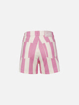 Woman pink striped print denim bermuda Cancun