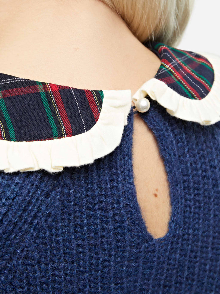 Pull femme bleu marine côtelé Calia avec col tartan et nœud 