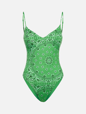Woman one piece swimsuit with bandanna print