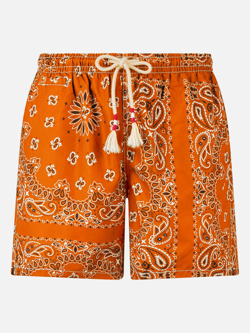 Man swim shorts with orange bandanna print