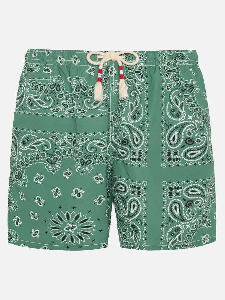 Mid-length swim-shorts Caprese with military green bandanna print