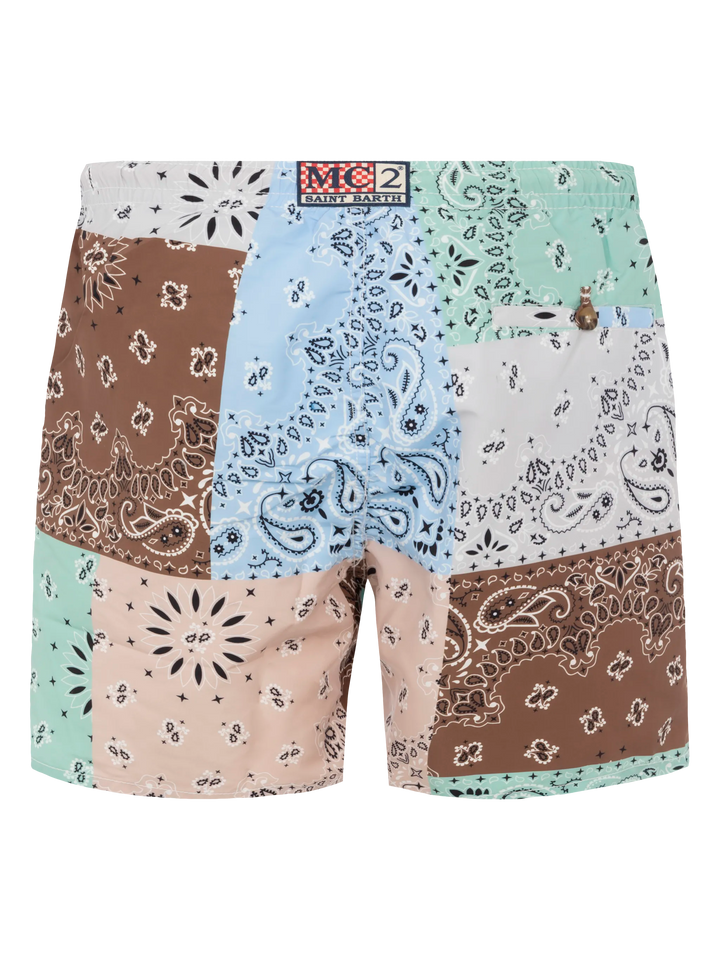 Mid-length swim-shorts Caprese with bandanna patch print