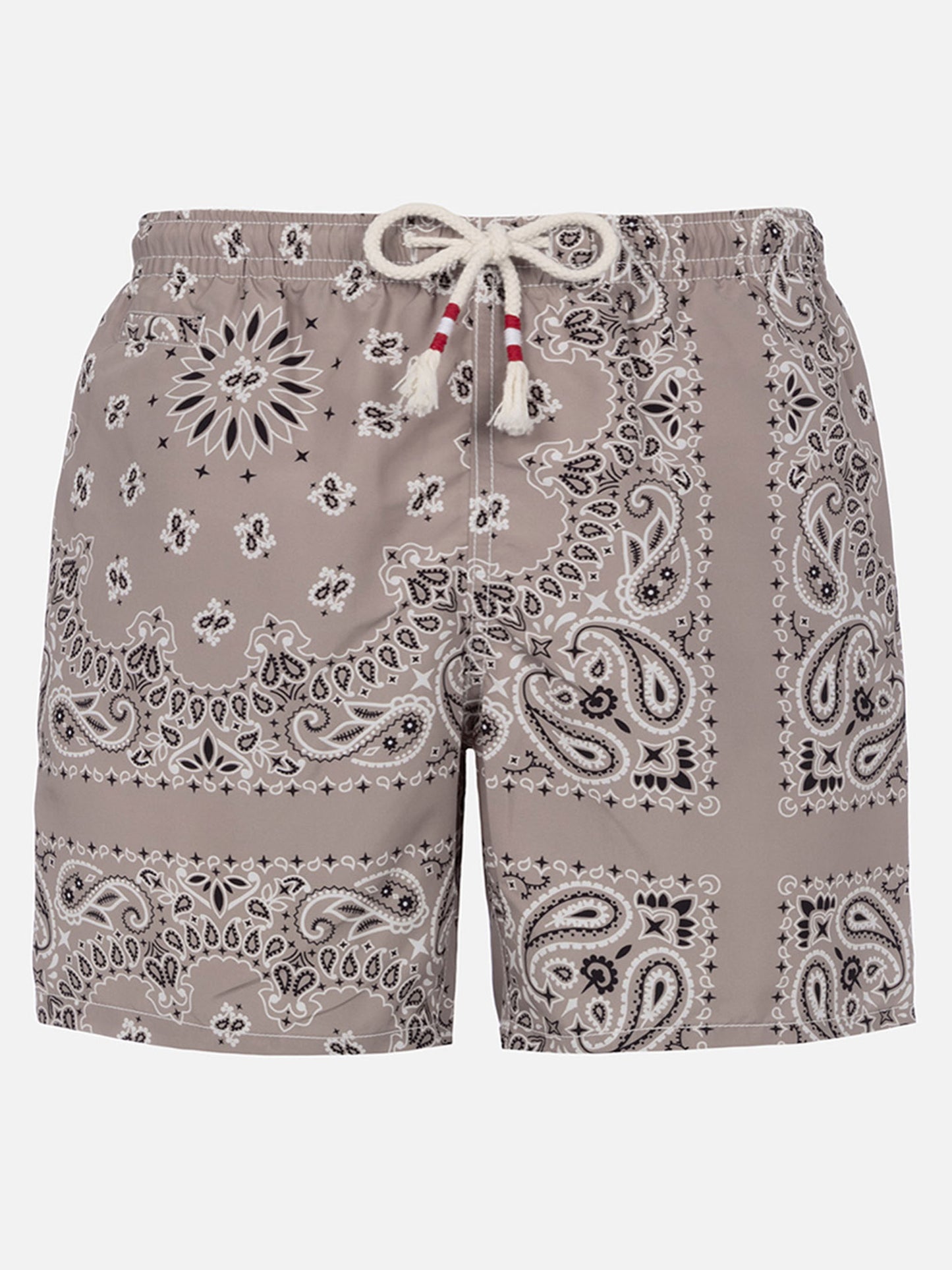 Mid-length swim-shorts Caprese with beige bandanna print